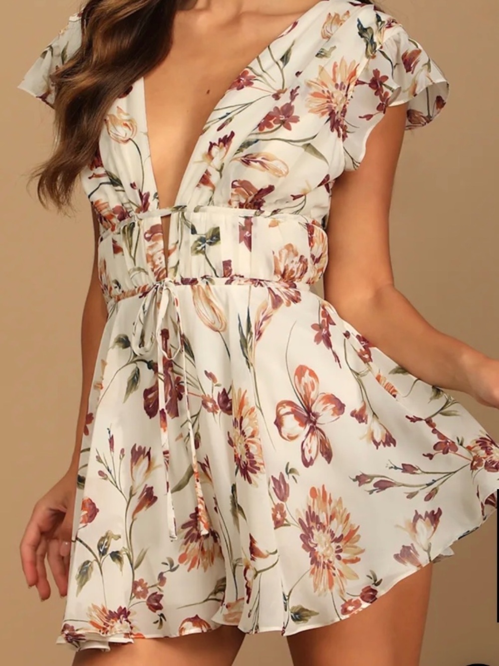 Lulus Flirty Ways Cream Floral Print Flutter Sleeve VM Romper Beige - Size XL
